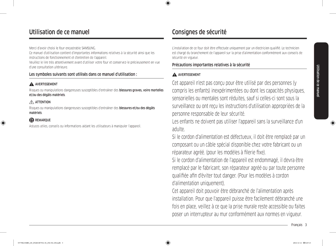 Samsung NV70K2340RS/EF Consignes de sécurité, Utilisation de ce manuel, Précautions importantes relatives à la sécurité 